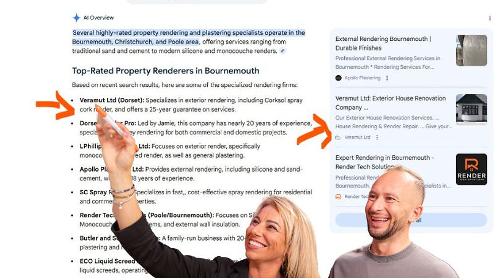 A woman points at a computer screen displaying Google search results for "property renderer in Bournemouth" while a man stands beside her, both smiling.