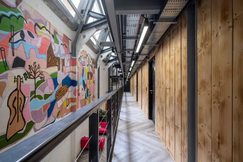 Breakout booths in the Tannery Studios atrium