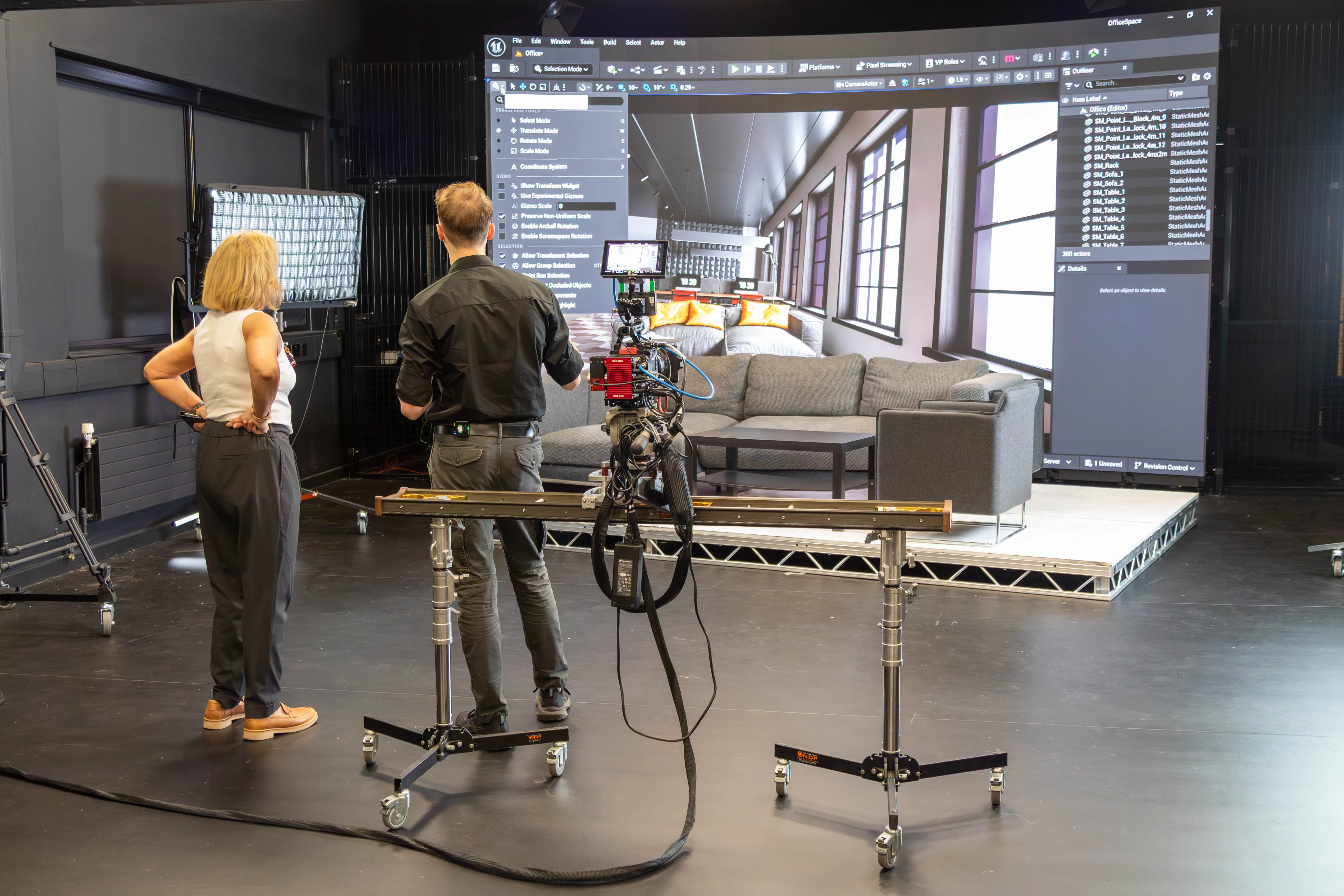Cinema camera mounted on a slider in front of the LED volume