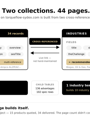 Diagram: two cross-referenced Wix CMS collections building 44 pages