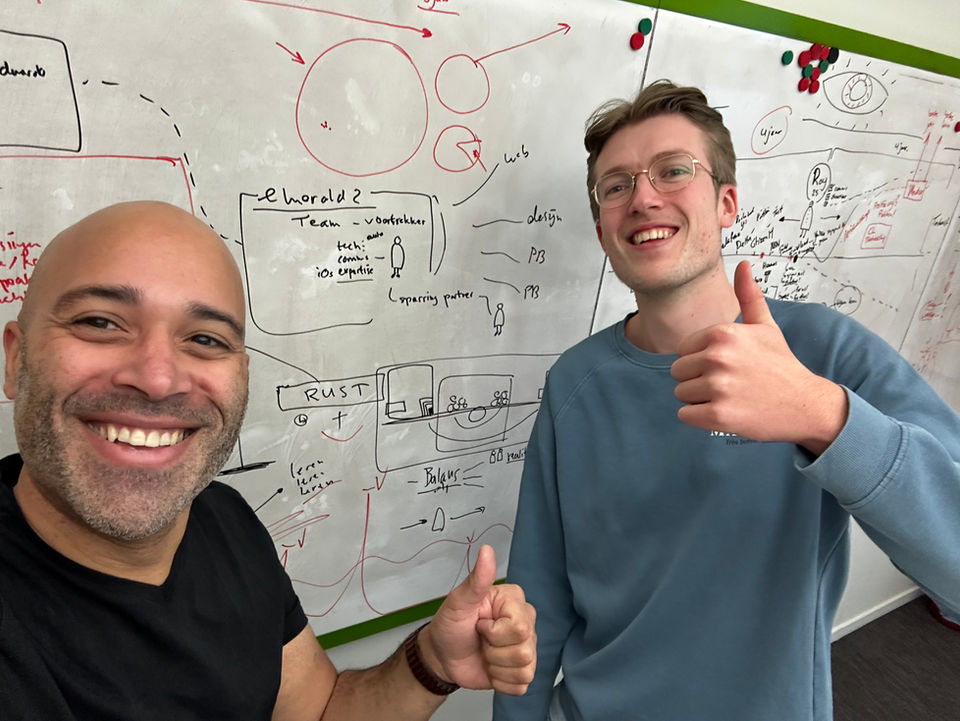 Two men giving thumbs up in front of a whiteboard with handwritten notes including 'e-morald 2', 'Team - voutikker', 'tech', 'RUST' and 'delij'