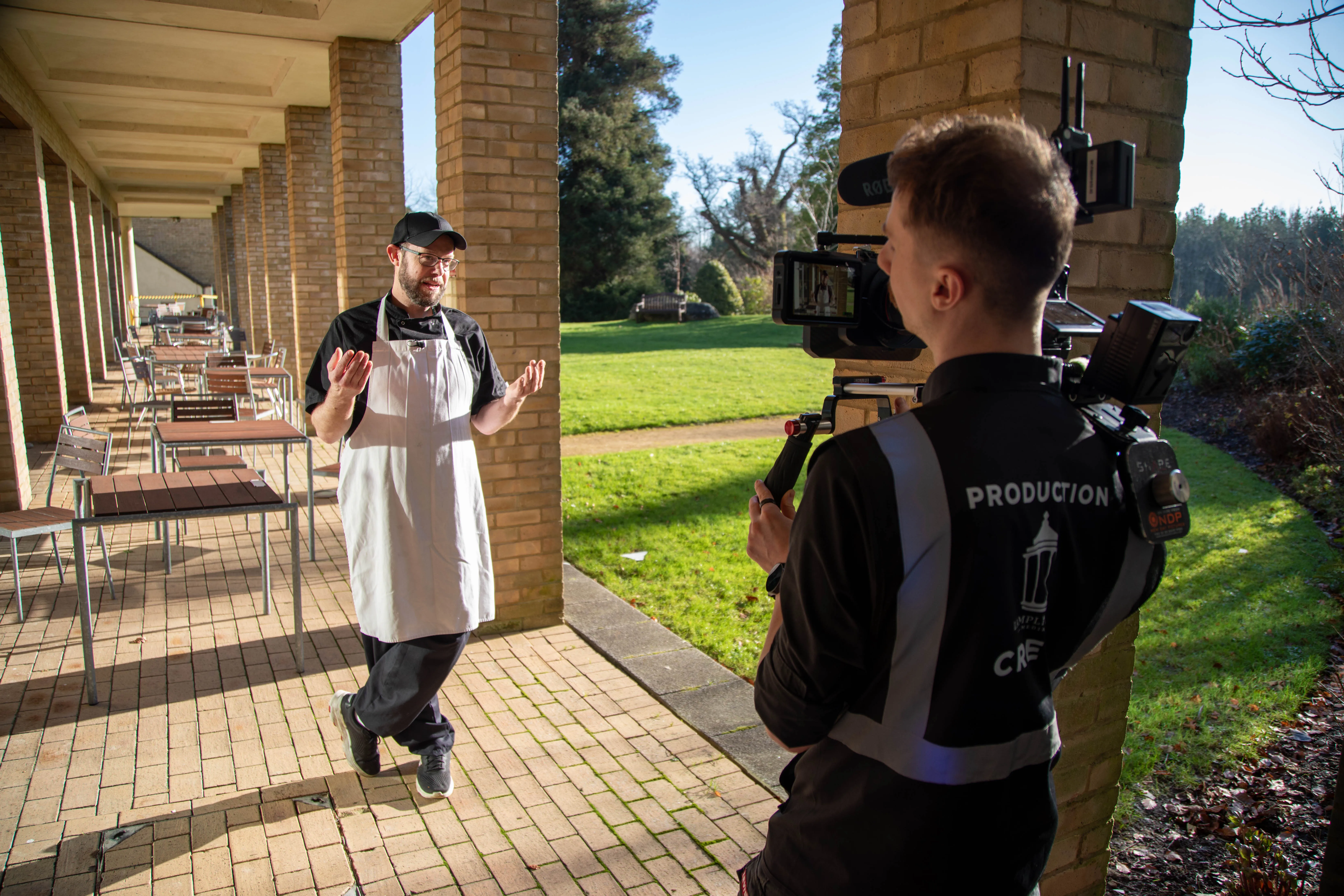 Cinematic interview setup at Woodhatch Place for the Surrey Careers Hub docu-reality film