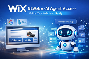 A computer screen showing a website and icons for Google and Bing, with a robot saying “Ask me anything!” and text promoting Wix NLWeb for AI Agent Access.