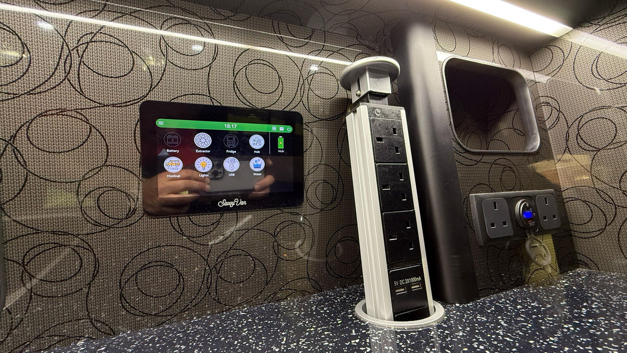 Control panel with power outlets in van conversion
