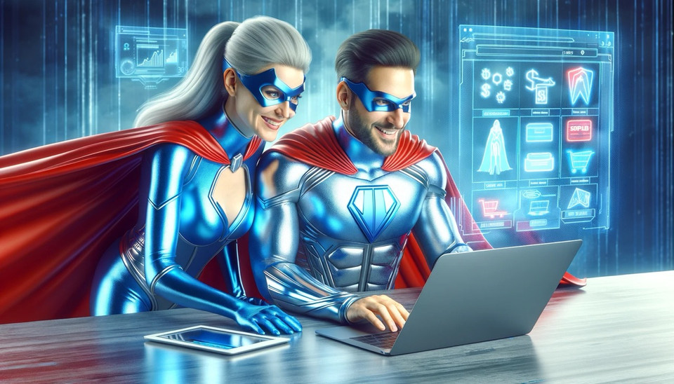 Here are the images showing both superheroes looking like they are selling online using a website