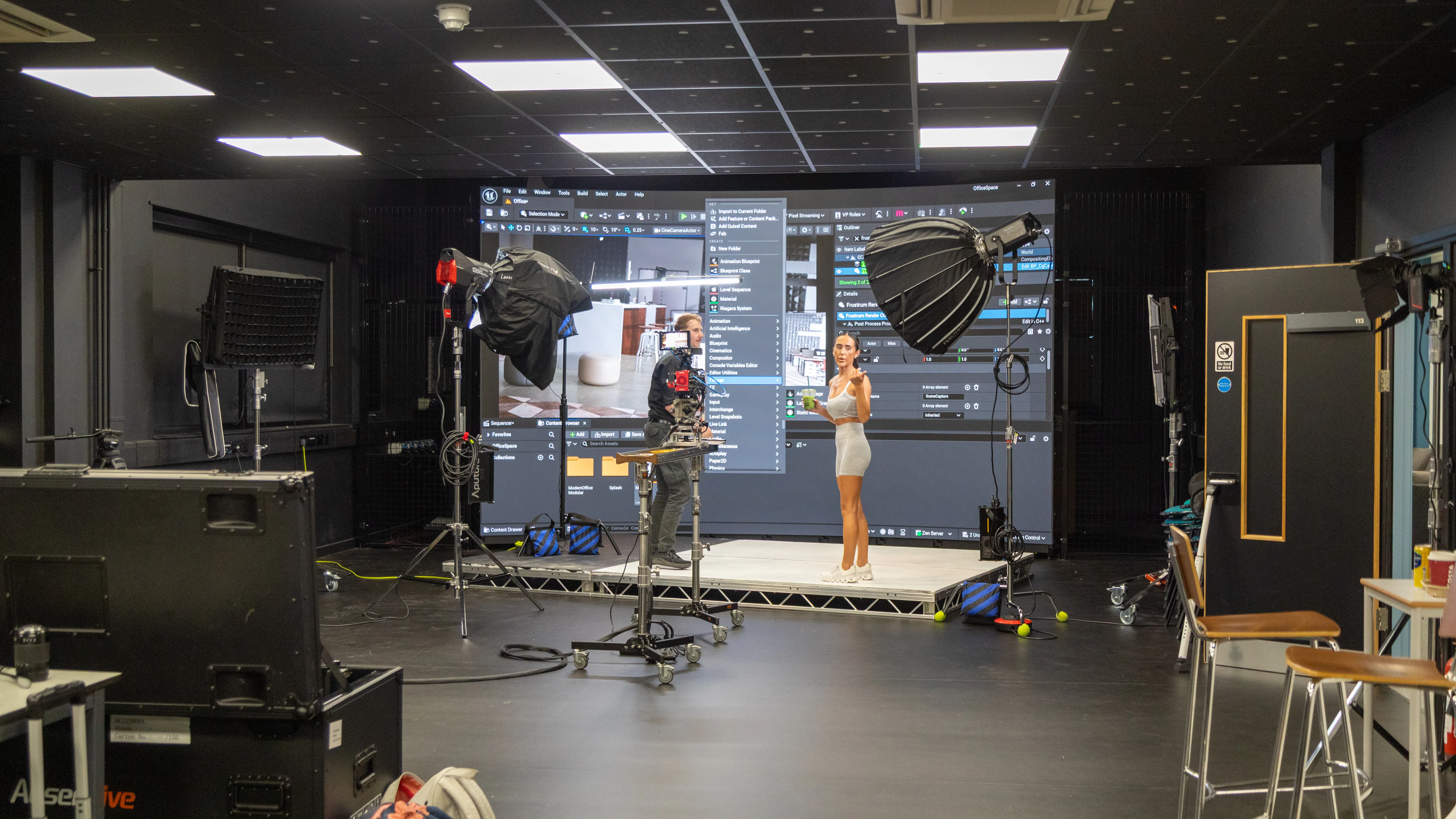 Wide LED volume showing a virtual environment for the spec shoot