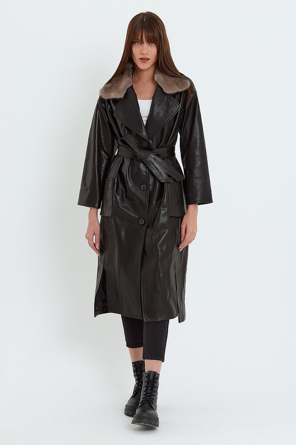 Thumbnail: Black Lambskin Women's Coat Collar Gray Mink (regular Fit) MDL3