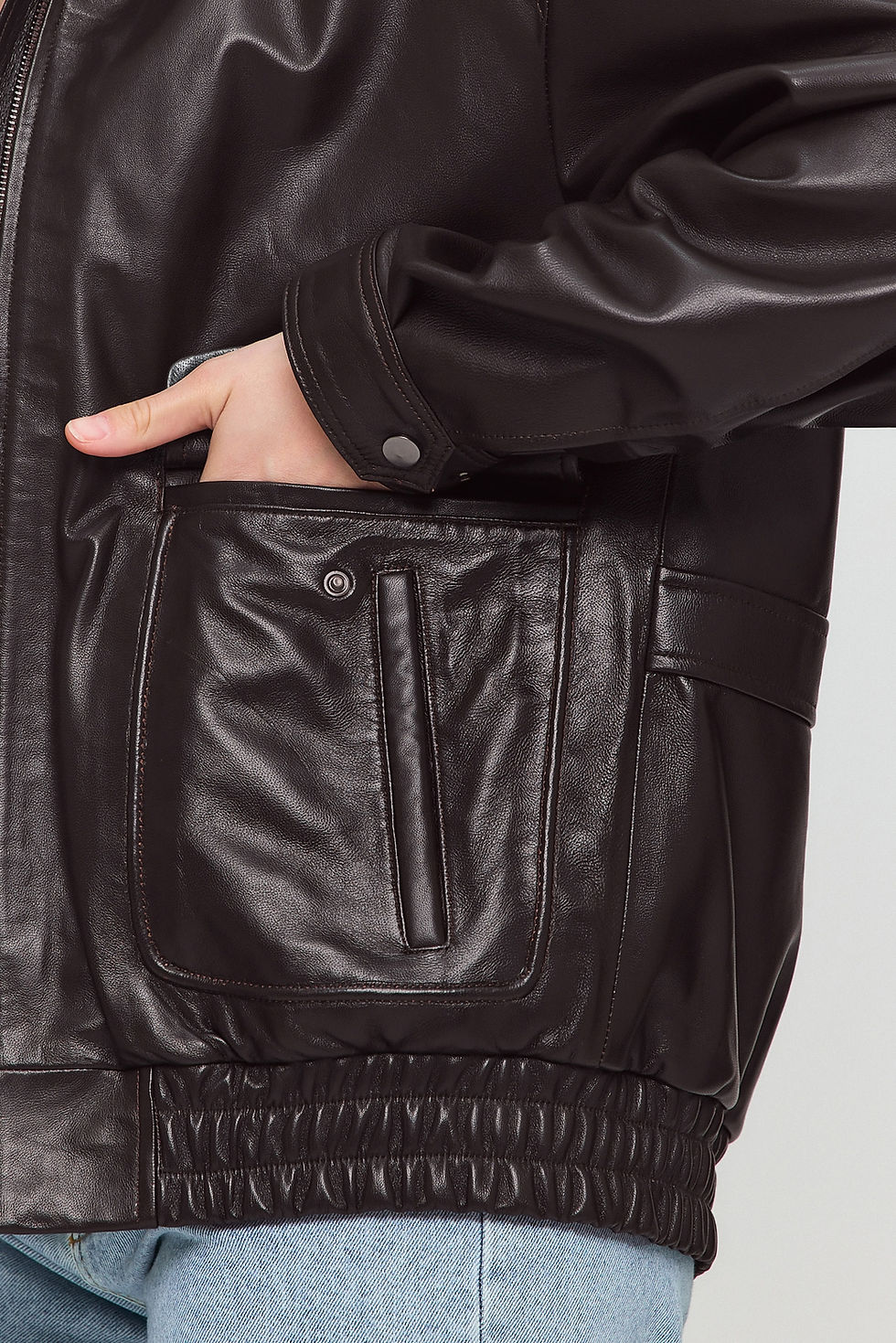 Küçük resim: Kahverengi Kadın Pilot Deri Ceket (oversize)