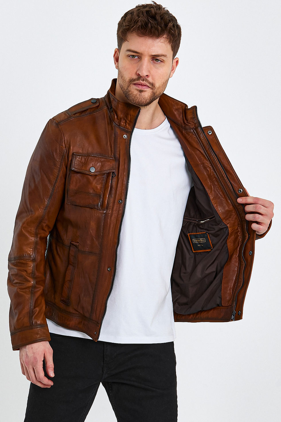 Küçük resim: Spor Model Eskitme Tarzı Yıkanmış Deri Erkek Ceket (Regular Fit)Y01