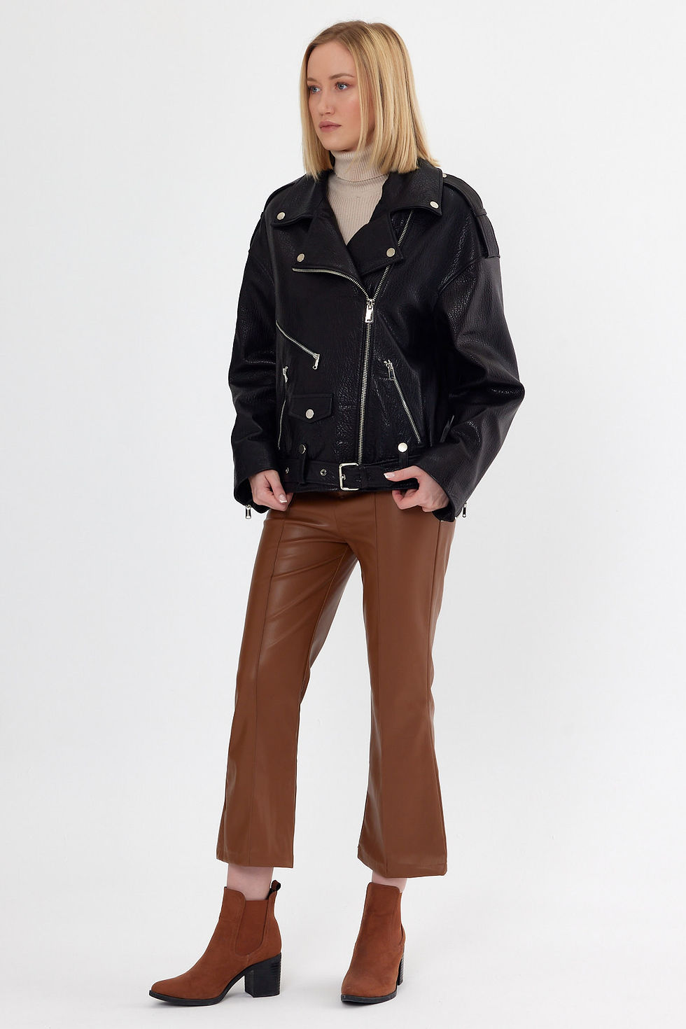 Thumbnail: Oversize Biker Vein Pattern Leather Jacket (Relaxed Fit) MDL14