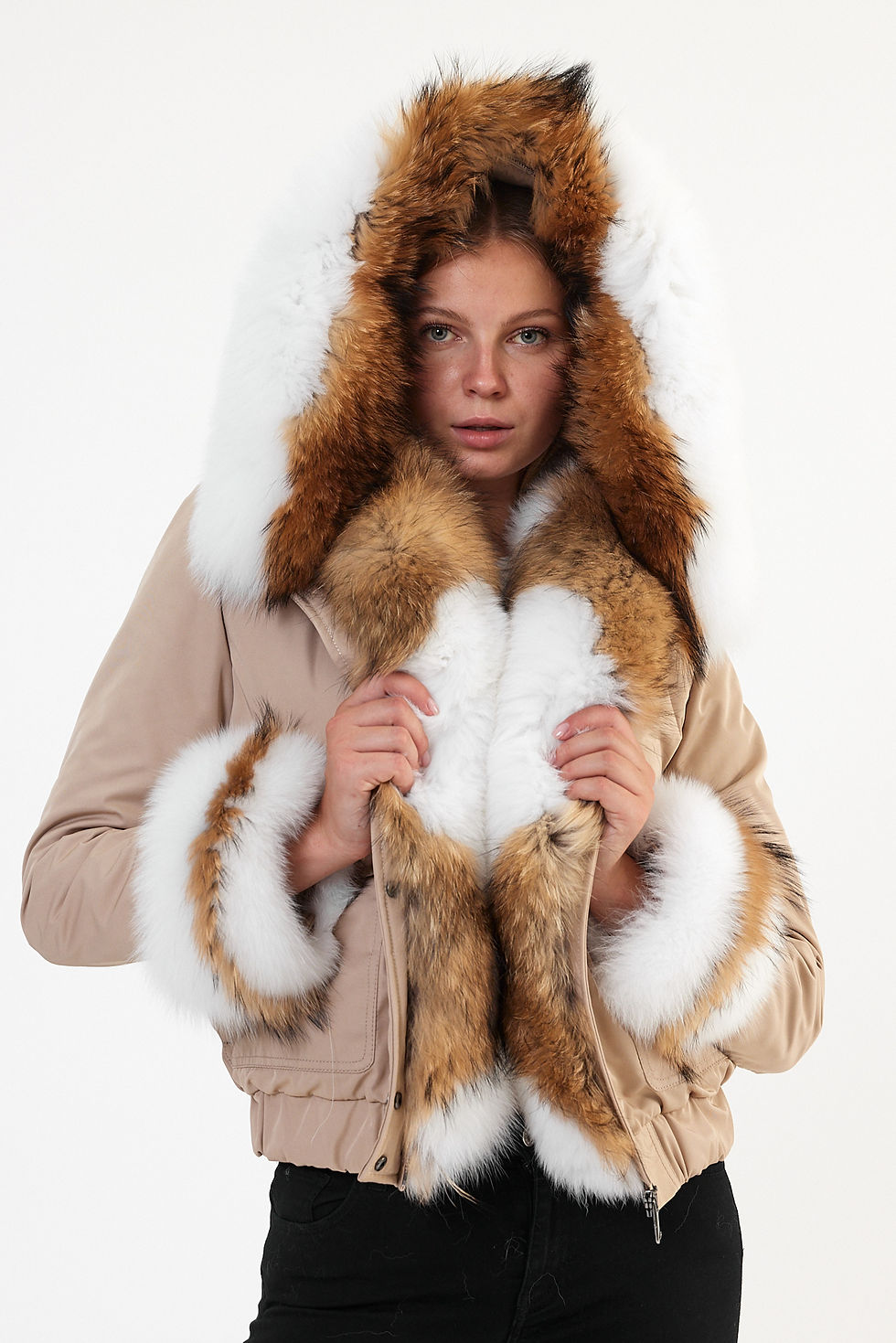 Thumbnail: Waterproof Fabric Short Parka Fronts, Cuffs and Hood Raccoon - Fox Fur Replica
