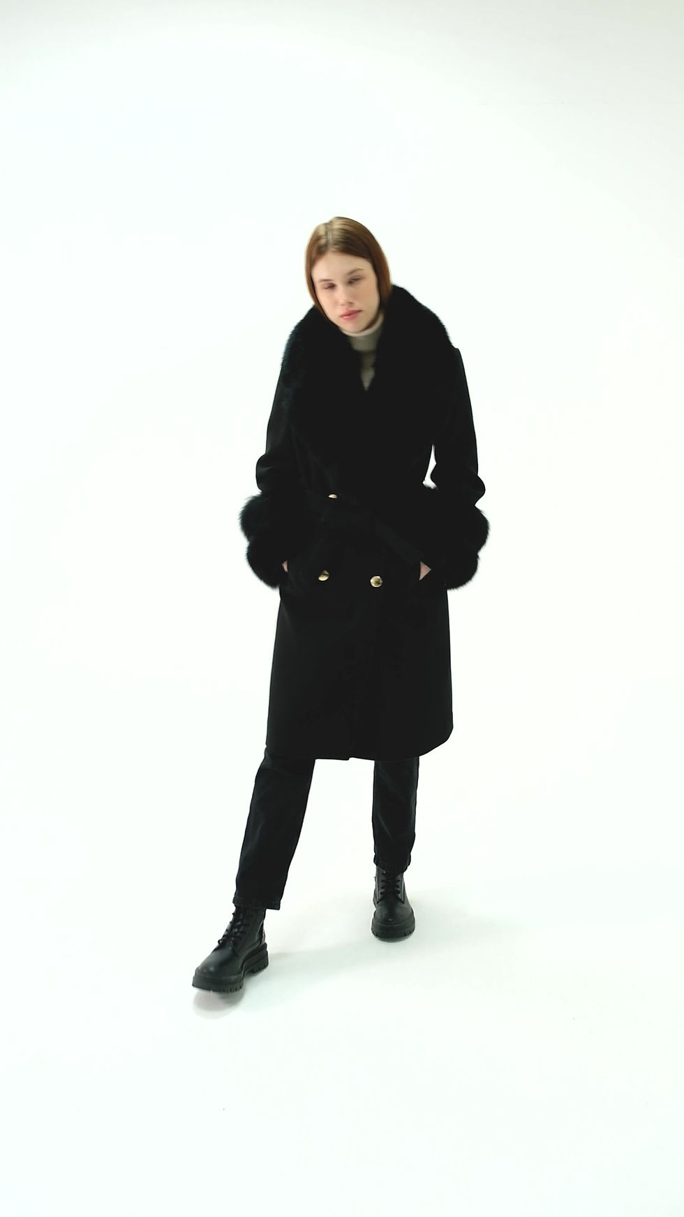 Thumbnail: Black Stash Coat Collar And Sleeves Black Color Fox, Fur Removable M1
