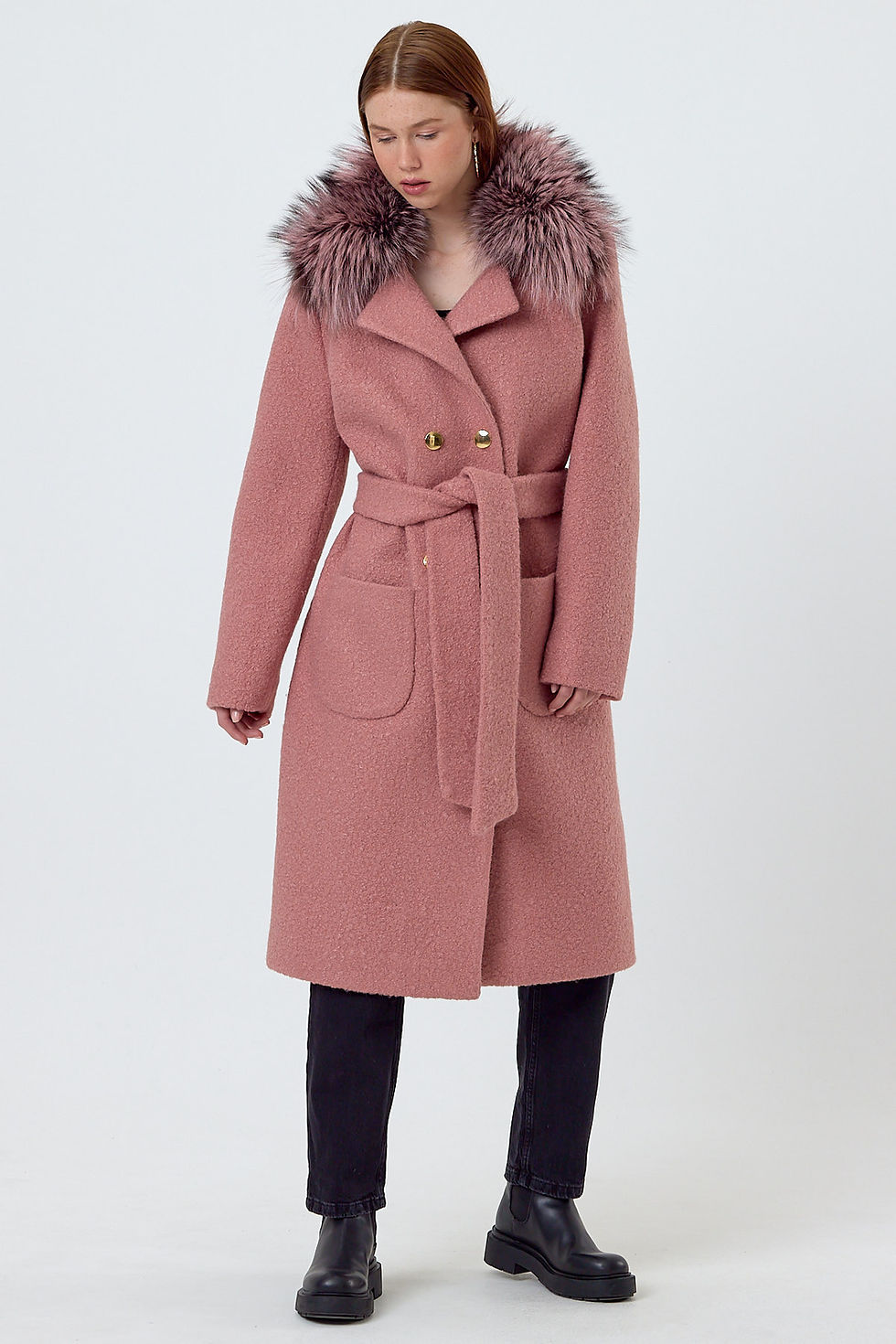 Thumbnail: Pink Teddy Coat with Bag Pocket Detail, Fur Collar, Regular Fit Hn105
