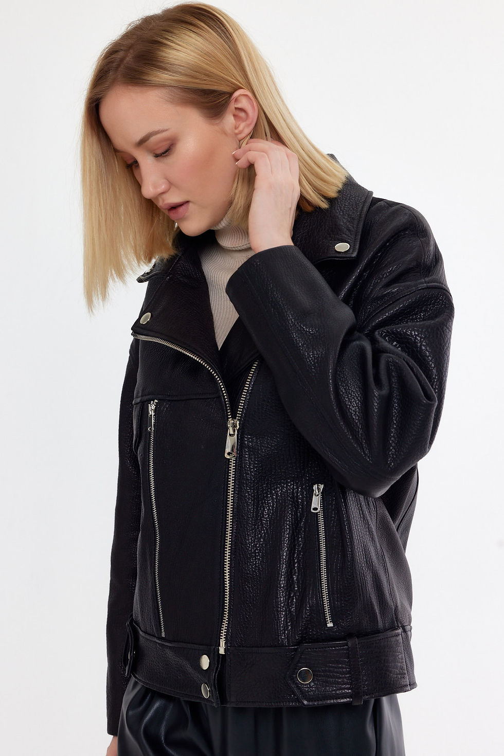 Thumbnail: Oversize Biker Vein Pattern Leather Jacket (Relaxed Fit) MDL15