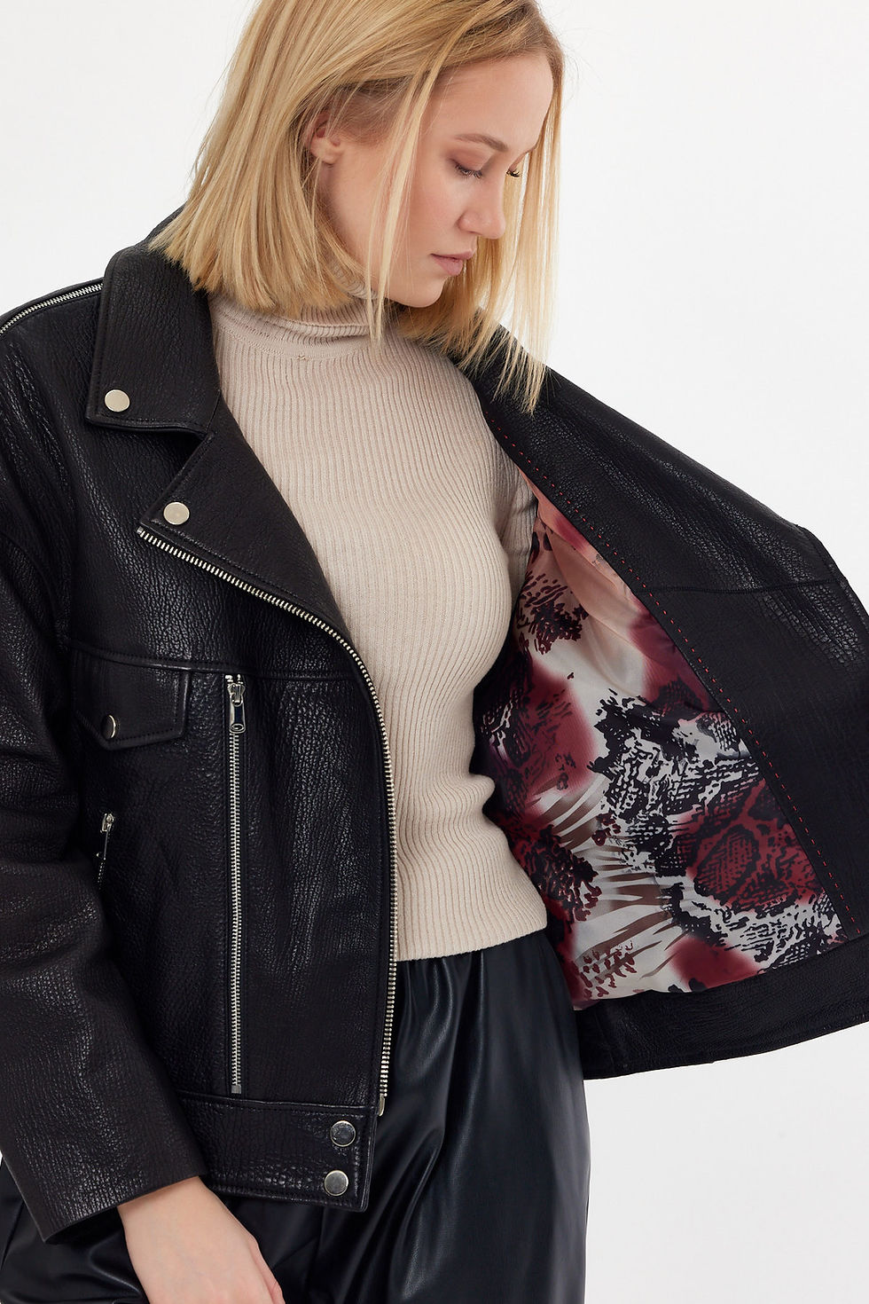 Küçük resim: Oversize Biker Damar Desen Deri Ceket (Relaxed Fit) MDL15