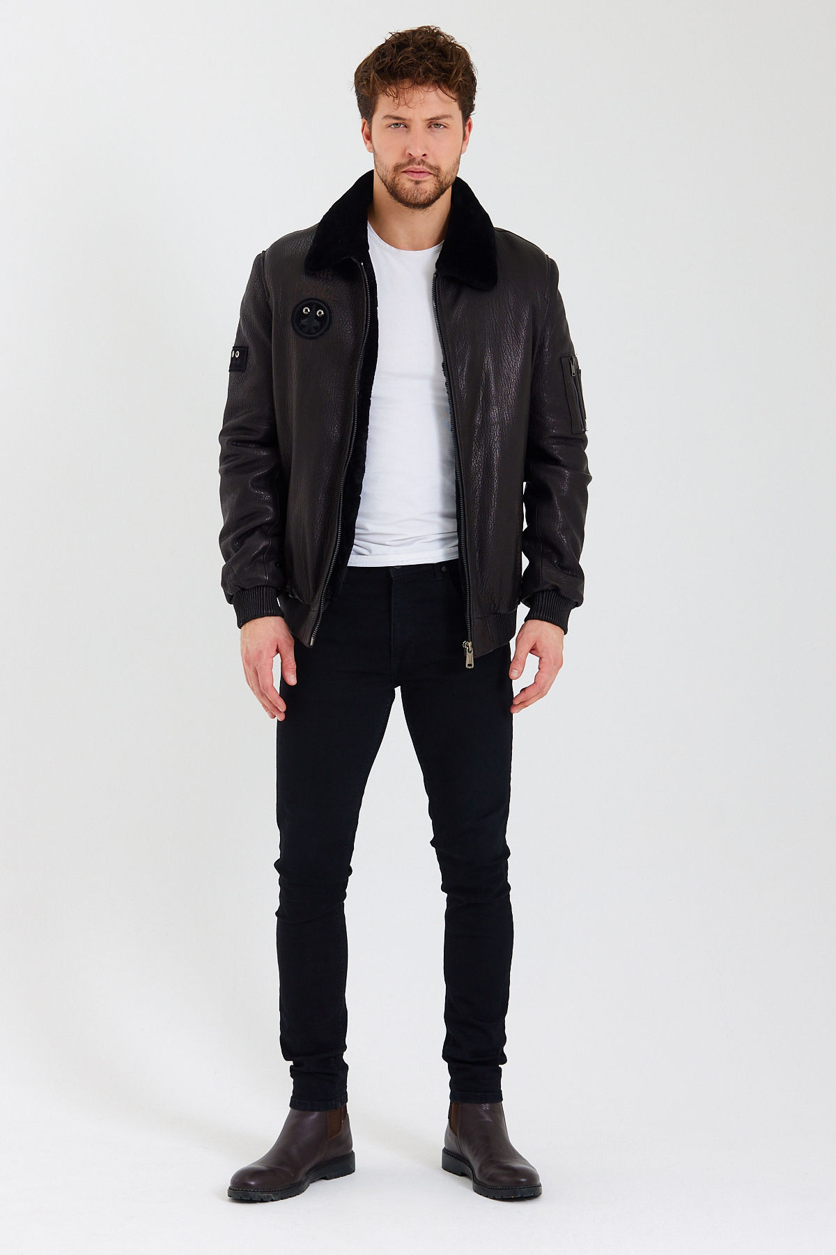 Damar Desen Siyah Erkek Deri Ceket içi Siyah Kürk (Regular Fit) K056IK