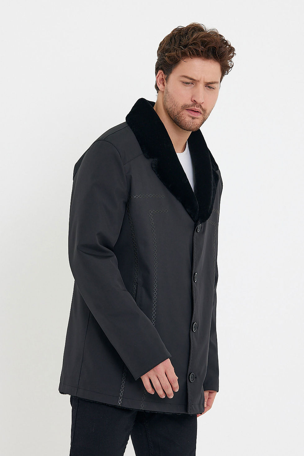 Thumbnail: British Collar Fabric Coat with Fur Inside (Regular Fit)