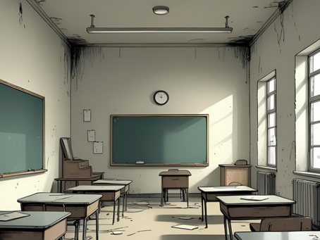 An old, dilapidated, and completely empty classroom.