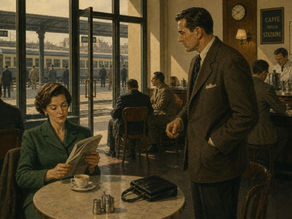 A man and a woman conversing at a train station cafè.