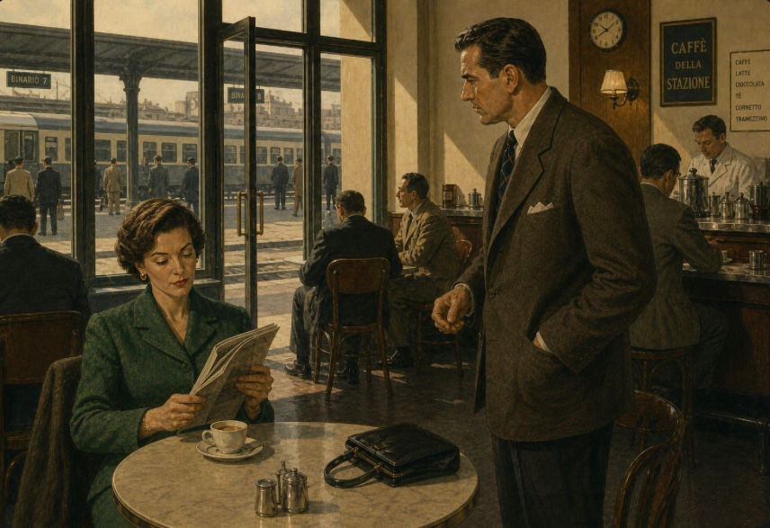 A man and a woman conversing at a train station cafè.