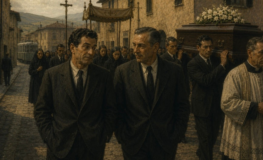 Two men chatting while attending a funeral in a small town.