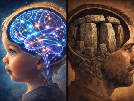 The brains of a toddler and of an adult depicted through highly symbolic imagery.