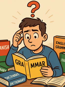 A man having trouble wrapping his head around grammar books and dictionaries.