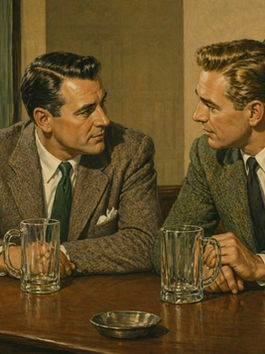 Two men having a conversation at a bar.