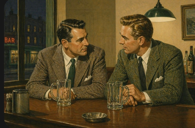 Two men having a conversation at a bar.
