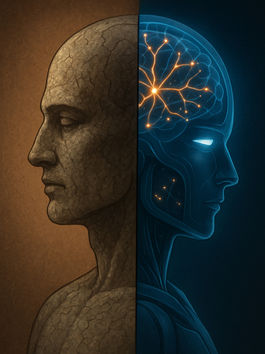 A stone head and a robot head showing brain activity.