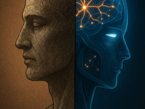 A stone head and a robot head showing brain activity.