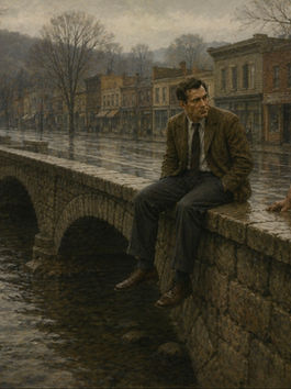 Two men, one leaning against and the other sitting on the ledge of a small bridge overlooking a brook no a small country town's Main Street.