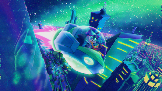 A cat piloting a flying saucer eating pizza through the night in a futuristic city. 