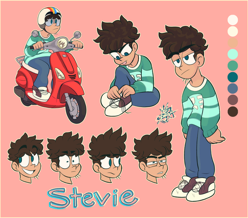 Stevie concept art, with expressions and a color pallet.