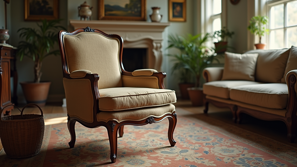 Eye-level view of a beautifully restored vintage chair in a cozy living room