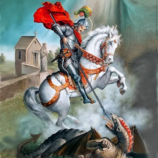 St. George was born about 280 A.D. to a devout Christian family that was wealthy and of noble origin, in the city of Cappadocia. This was a city of the Eastern Roman Empire, in Asia Minor. He followed the usual career of a young nobleman and joined the Roman army - where his ability and devotion brought him quick accolades and rank. The Emperor heard about him and as a result - made him a tribune or an officer in the Imperial Guard.