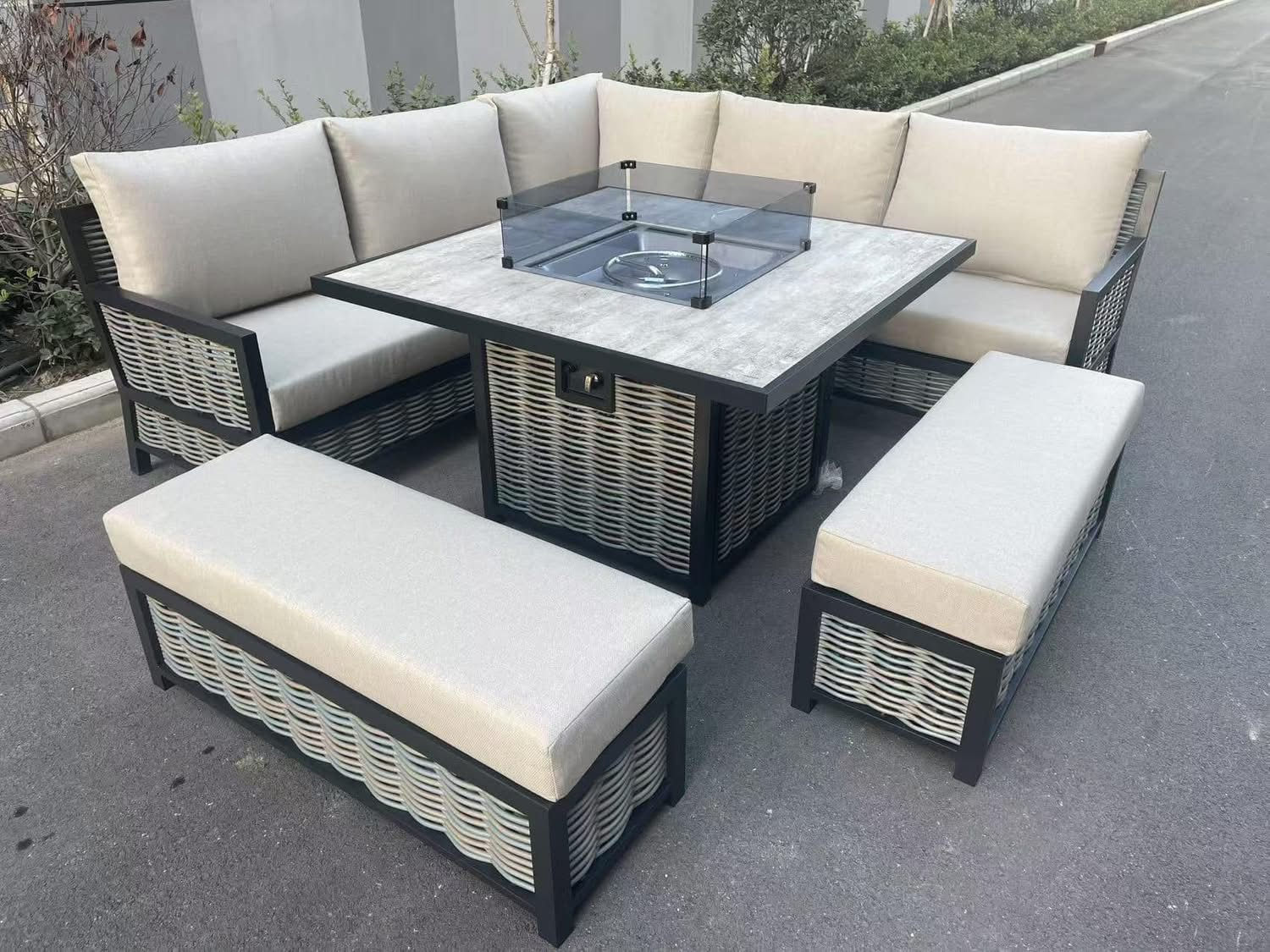 Milan Square Aluminium Corner Dining Set With Fire Pit Table- Beige