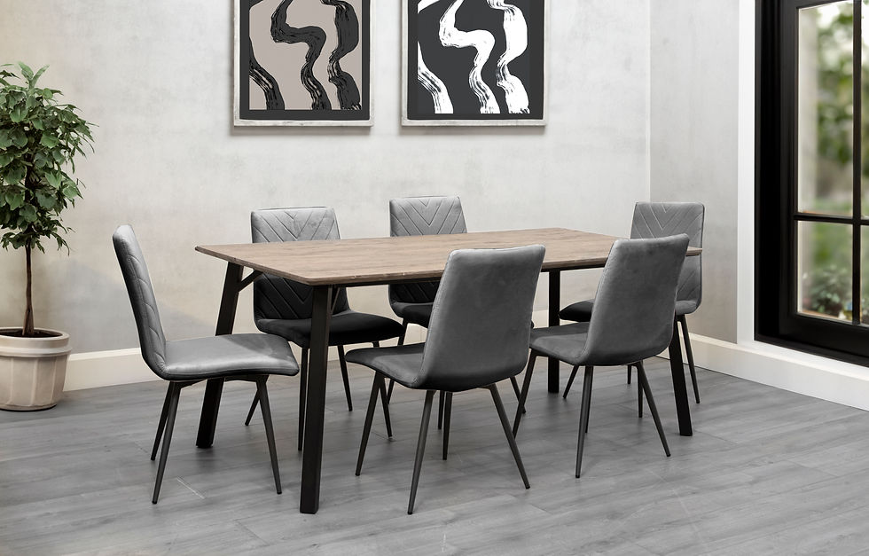 1.8m Oak Effect Dining Table Set With 6 Grey Velvet Chairs