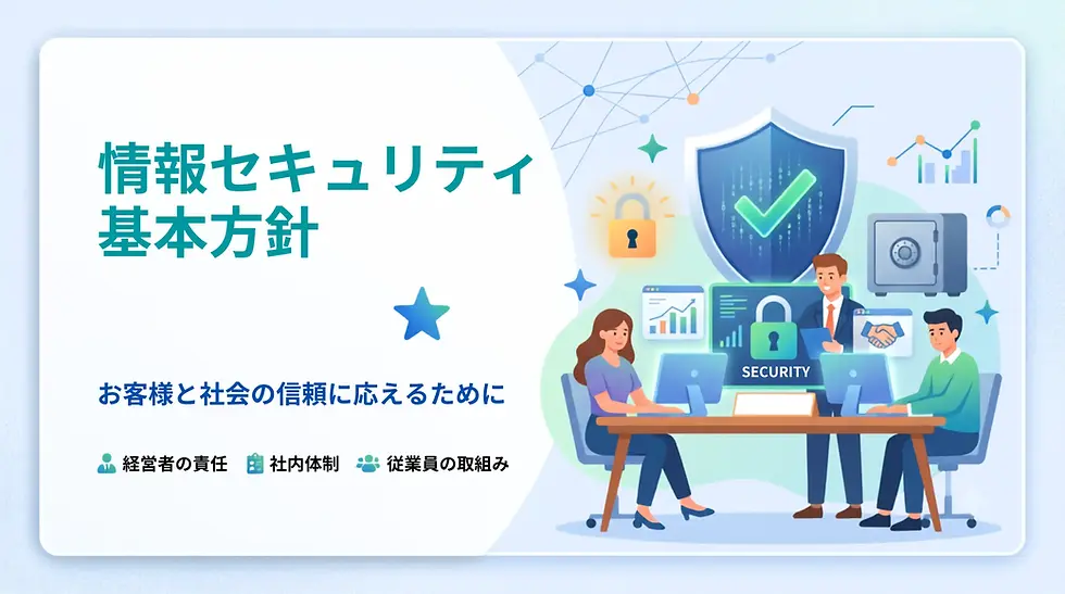株式会社Heyの情報セキュリティ基本方針を示すブログカバー画像。左側に「情報セキュリティ基本方針」の文字、右側にセキュリティ対策に取り組むオフィス従業員、大きな盾や鍵のイラストが描かれています。