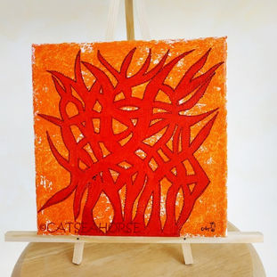 Tableau moderne abstrait original de Catseahorse : motif de tiges entrelacées orange foncé sur fond orange clair texturé
