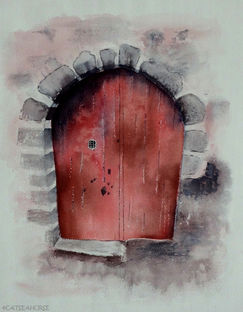 Aquarelle originale de Catseahorse : porte en bois peinte en rouge vieilli entourée de vieilles pierres et située à Champeix dans le Puy-de-Dôme, Auvergne