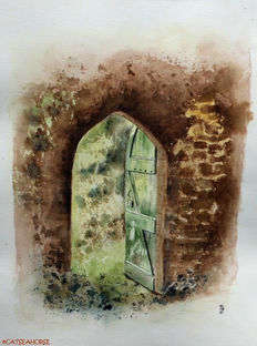 Aquarelle originale de Catseahorse : vieille porte verte ouverte sur de la végétation, mur marron foncé en vieilles pierres