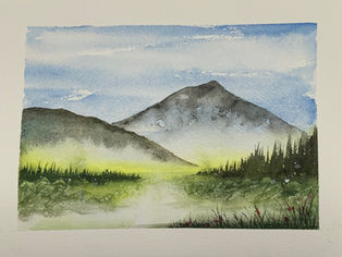 Aquarelle de paysage représentant le Puy de Dôme en fond avec de la brume à sa base.
Création originale de Catseahorse, artiste peintre Puy de Dôme