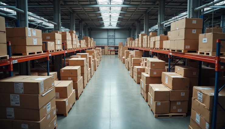 High angle view of a warehouse with stacked furniture ready for delivery