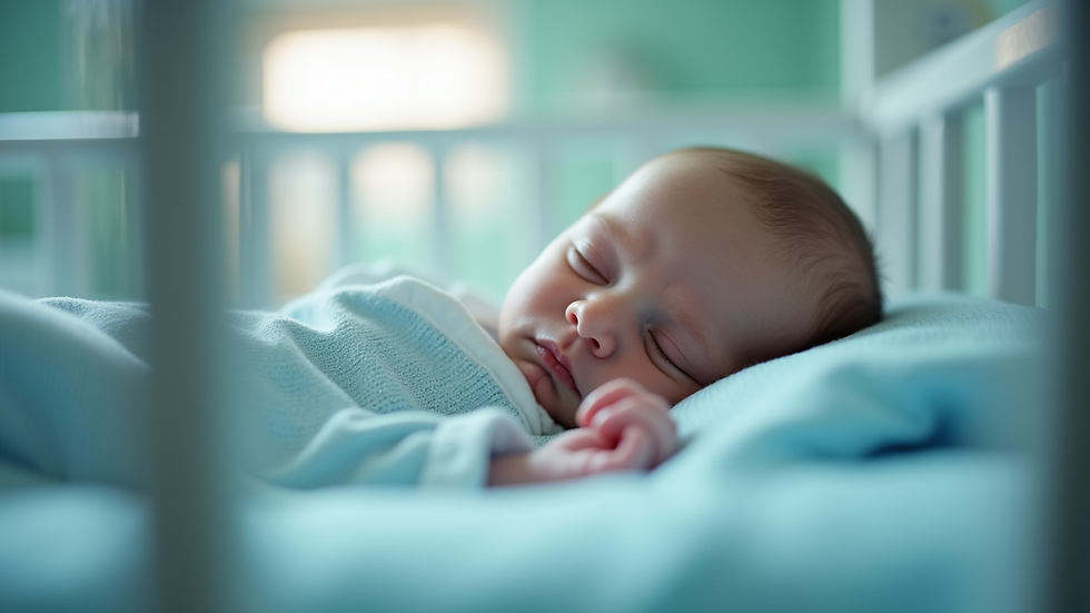 Eye-level view of a newborn baby peacefully sleeping in a hospital crib