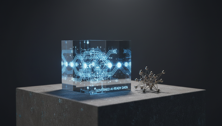 Eye-level view of a transparent cube containing glowing data pathways beside a small neural network sculpture.