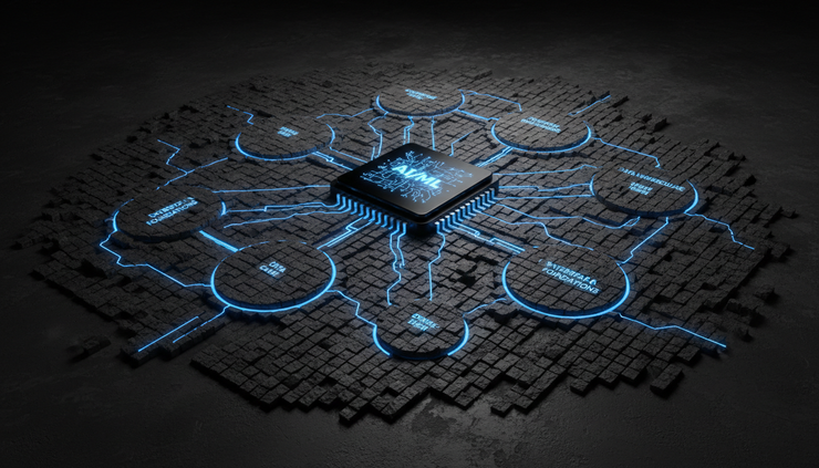 Overhead view of a modular data architecture model with glowing paths leading to a central AI chip.