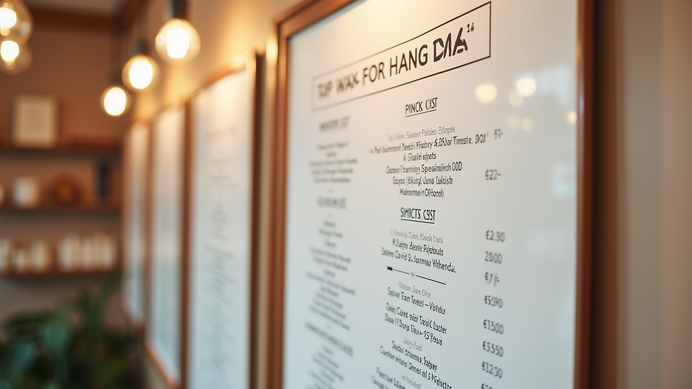 High angle view of a price list for waxing services on a salon wall