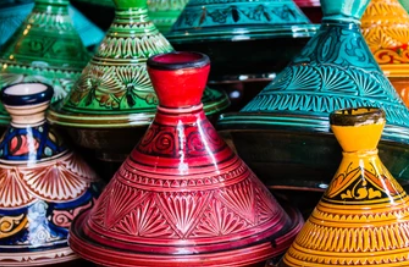 brightly colored clay cooking vessels