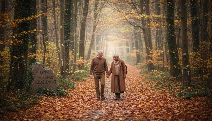 Wide-angle view of a couple walking slowly on a quiet wooded path